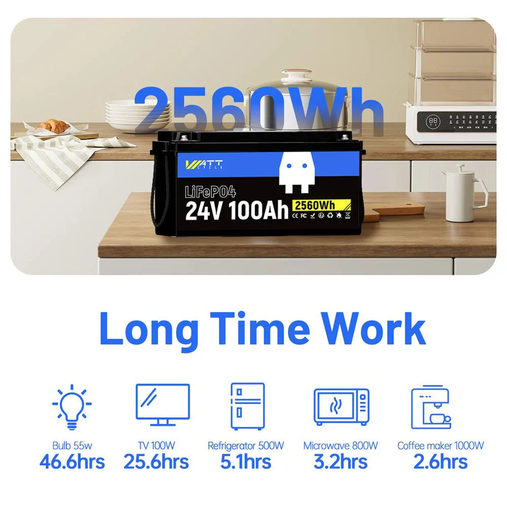 Wattcycle 24V 100Ah LiFePO4 Battery | 100A BMS | 2560Wh