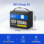 Wattcycle 12V 100Ah LiFePO4 Battery with 100A BMS for Solar & Home Power Backup