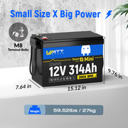 Wattcycle 12V 314Ah Mini Bluetooth LiFePO4 Battery with 200A BMS & Smart App for Solar