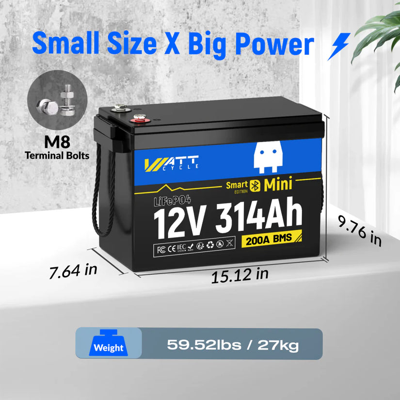 Wattcycle 12V 314Ah Mini Bluetooth LiFePO4 Battery with 200A BMS & Smart App for Solar