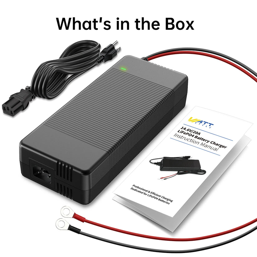 Wattcycle 12V 20A LiFePO4 Battery Charger with Smart BMS Protection for Solar & Home Backup