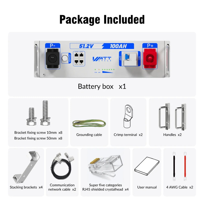 Wattcycle 48V (51.2V) 100Ah 3U Server Rack LiFePO4 Battery with Bluetooth