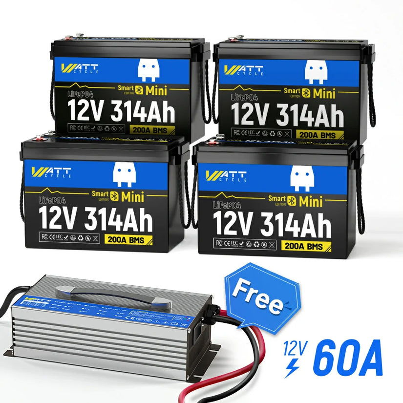 Wattcycle 12V 314Ah Mini Bluetooth LiFePO4 Battery with 200A BMS & Smart App for Solar