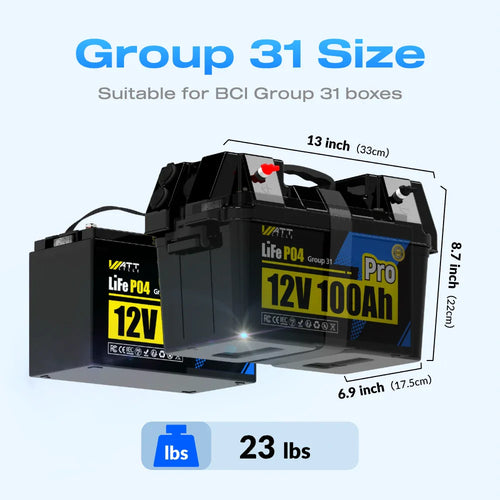 Wattcycle 12V 100Ah Pro Group 31 LiFePO4 Battery with 110A BMS Upgrade