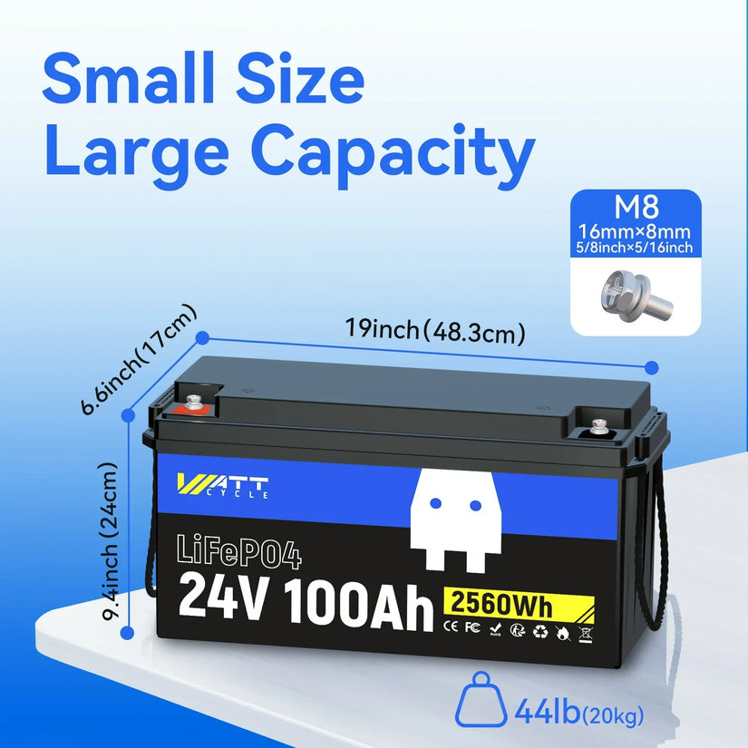 Wattcycle 24V 100Ah LiFePO4 Battery with 100A BMS for 24V Off-Grid Solar & Home Backup